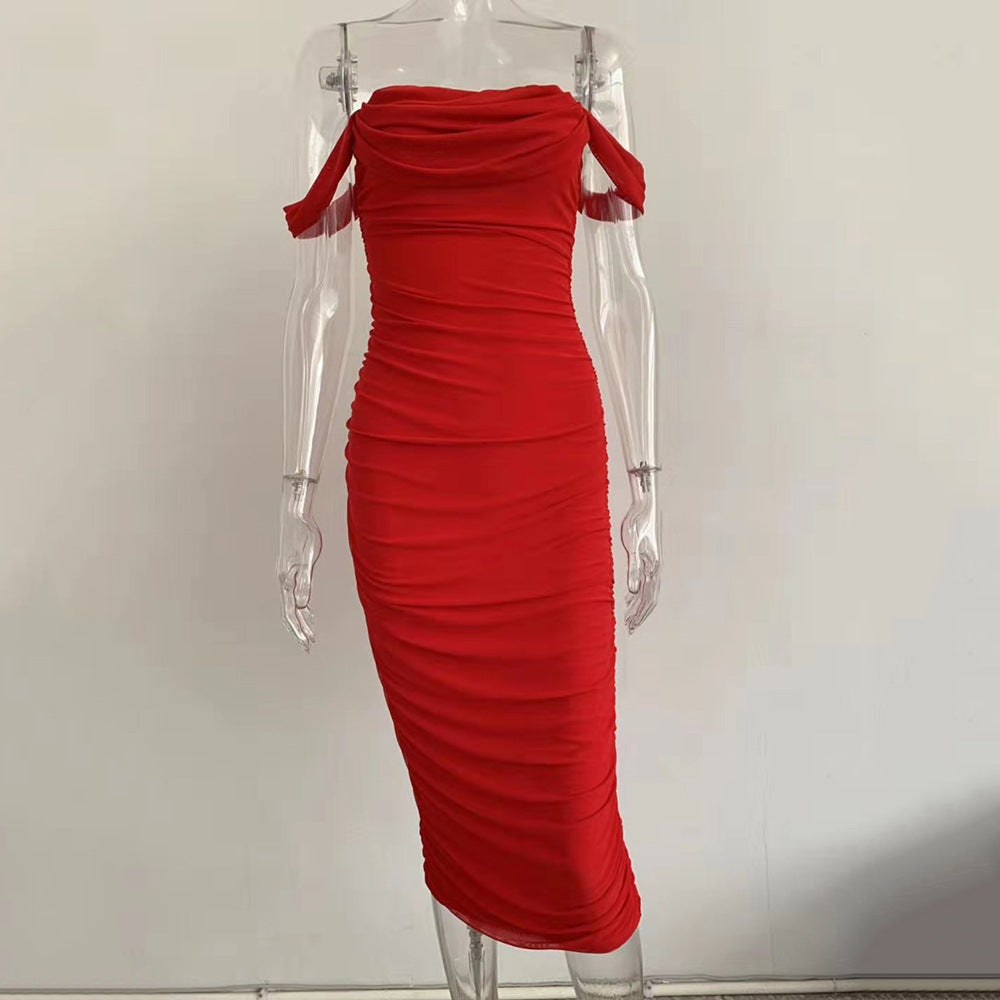 Velour Whisper Faltenkleid an den Schultern