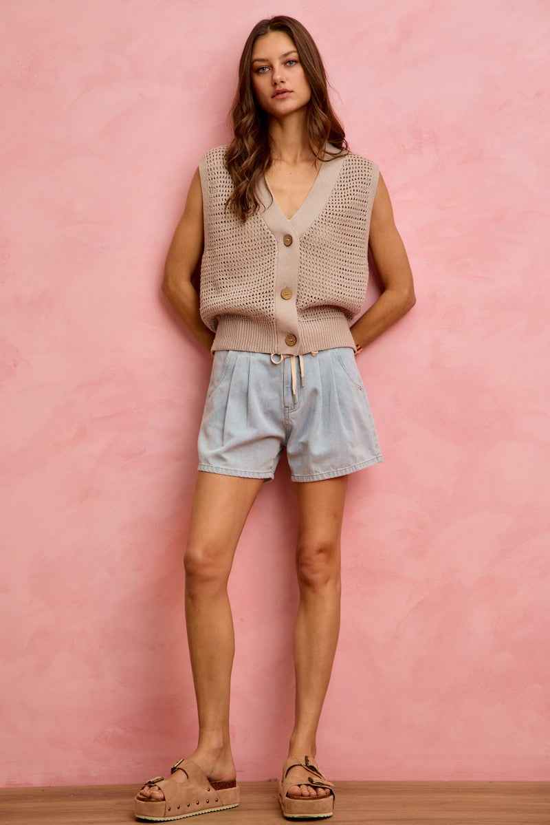 SO ME Mid Rise Denim Shorts With Cotton Tape Drawstring