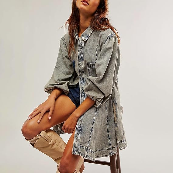 Button Me Up Lantern Sleeve Denim Dress