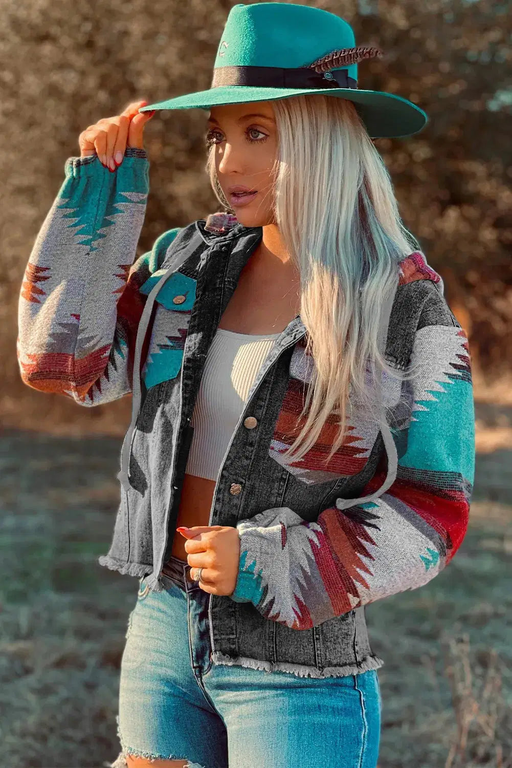 Drawstring Hooded Pocketed Denim Jacket