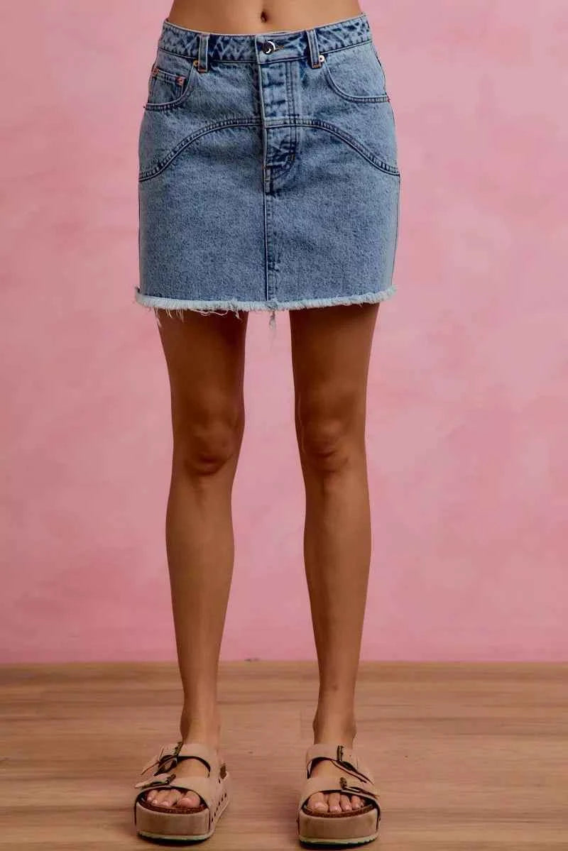 SO ME Washed Denim Floral Contrast Pockets Mini Skirt
