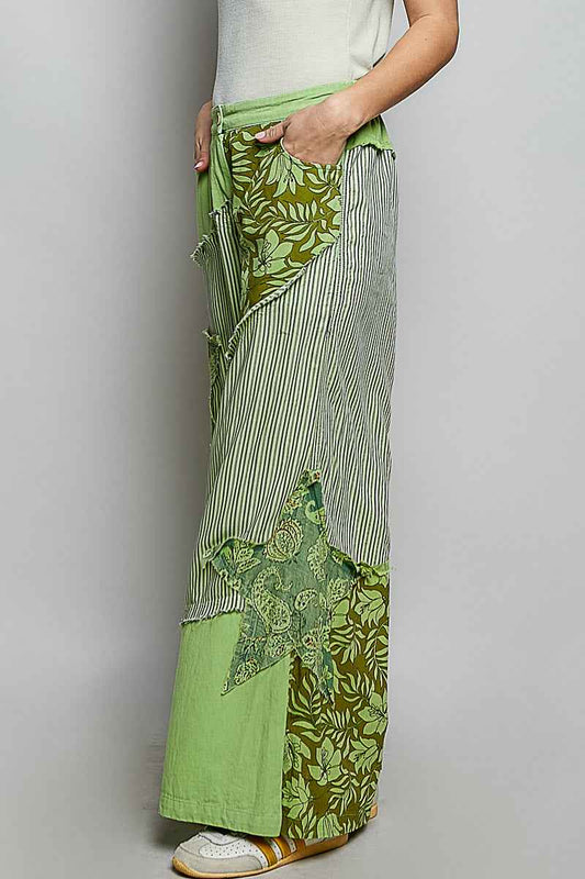 POL Striped Floral Patchwork Wide leg Pants with Side Big Star Patch