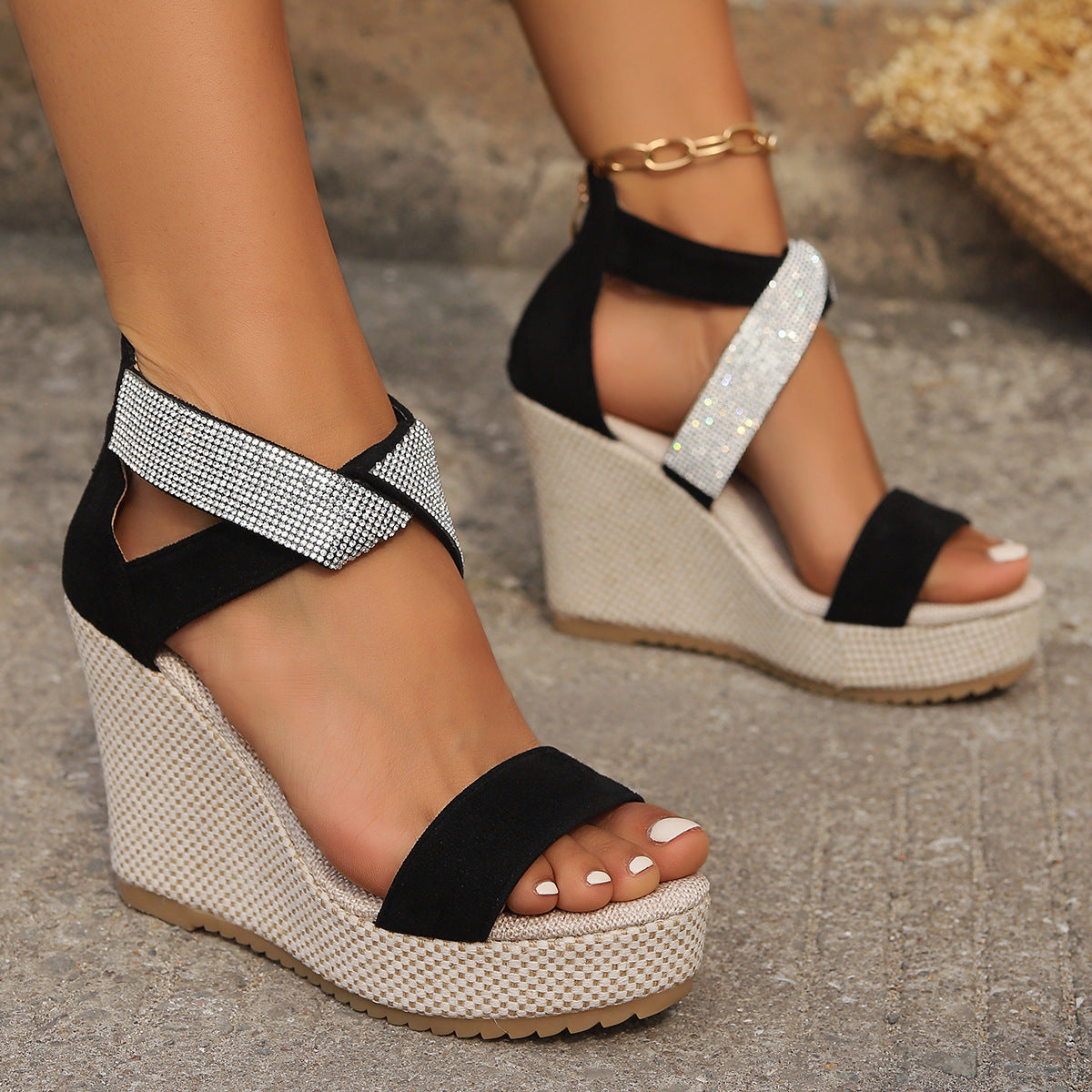 Women's Rhinestone Wedge Sandals – Summer Platform Peep-Toe Shoes