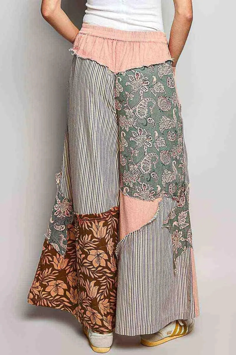 POL Striped Floral Patchwork Wide leg Pants with Side Big Star Patch