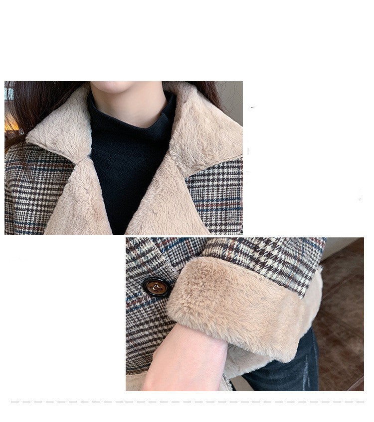 All-match Thick Plaid Woolen Fur Coat