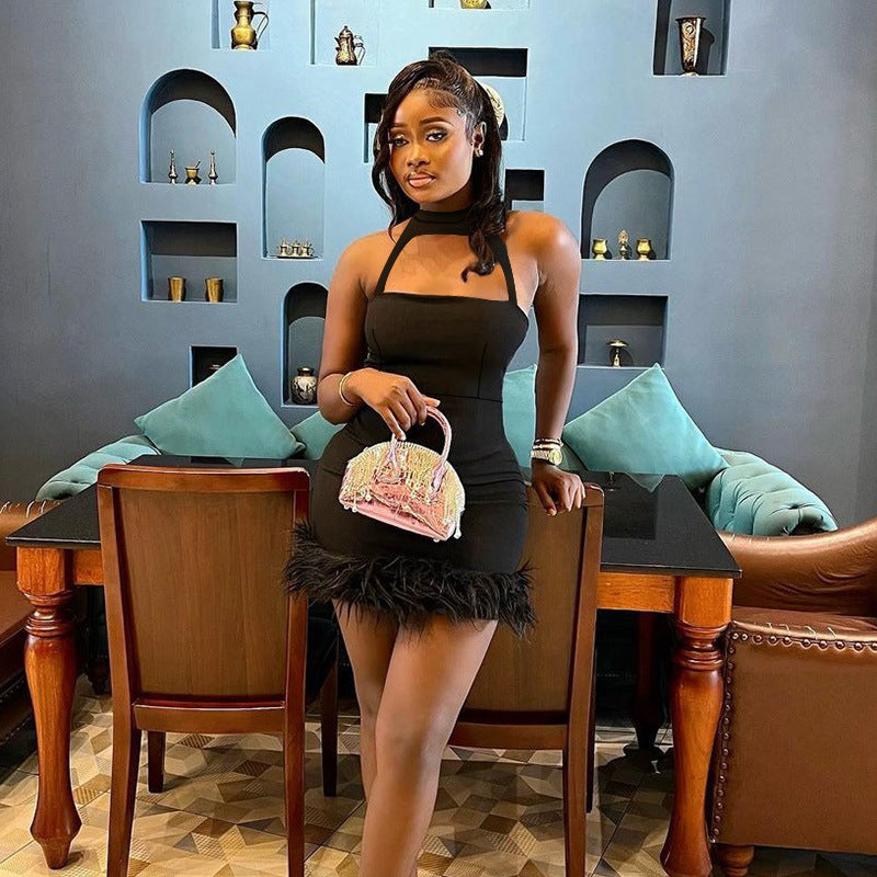 Midnight Luxe Hollow-Out Fur Hem Dress