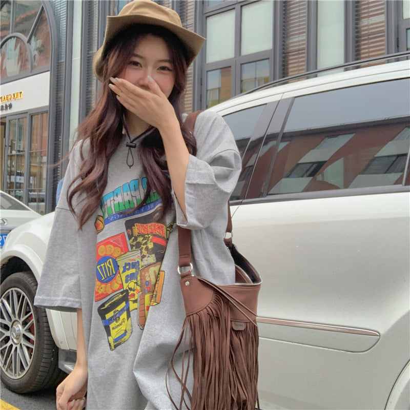 T-Shirt-Kleid mit Taschenkragen, Print und Schlitz