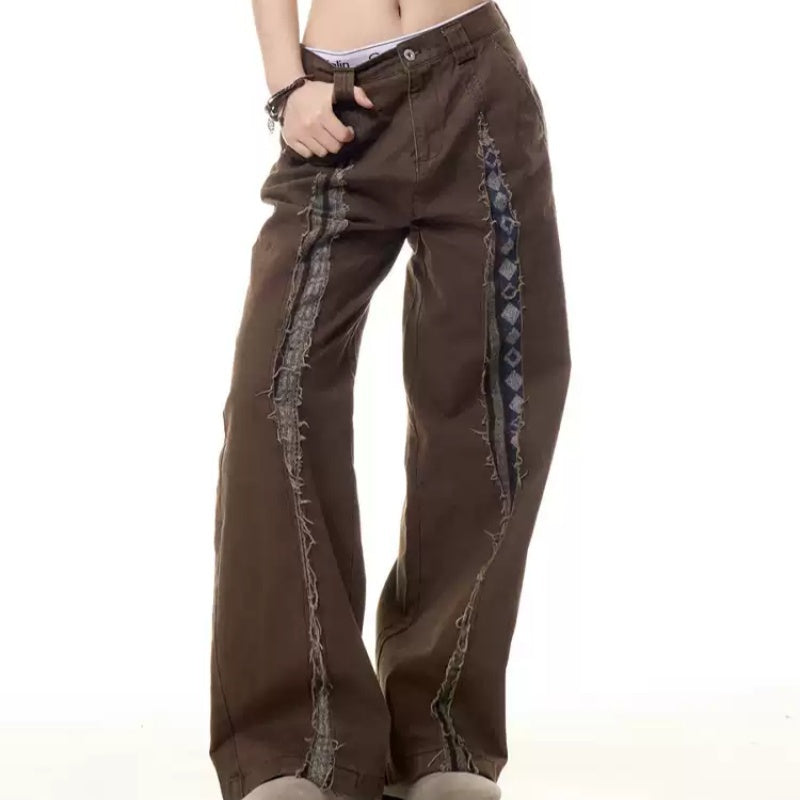 Brown Bohemian Wide-Leg Patchwork Trousers