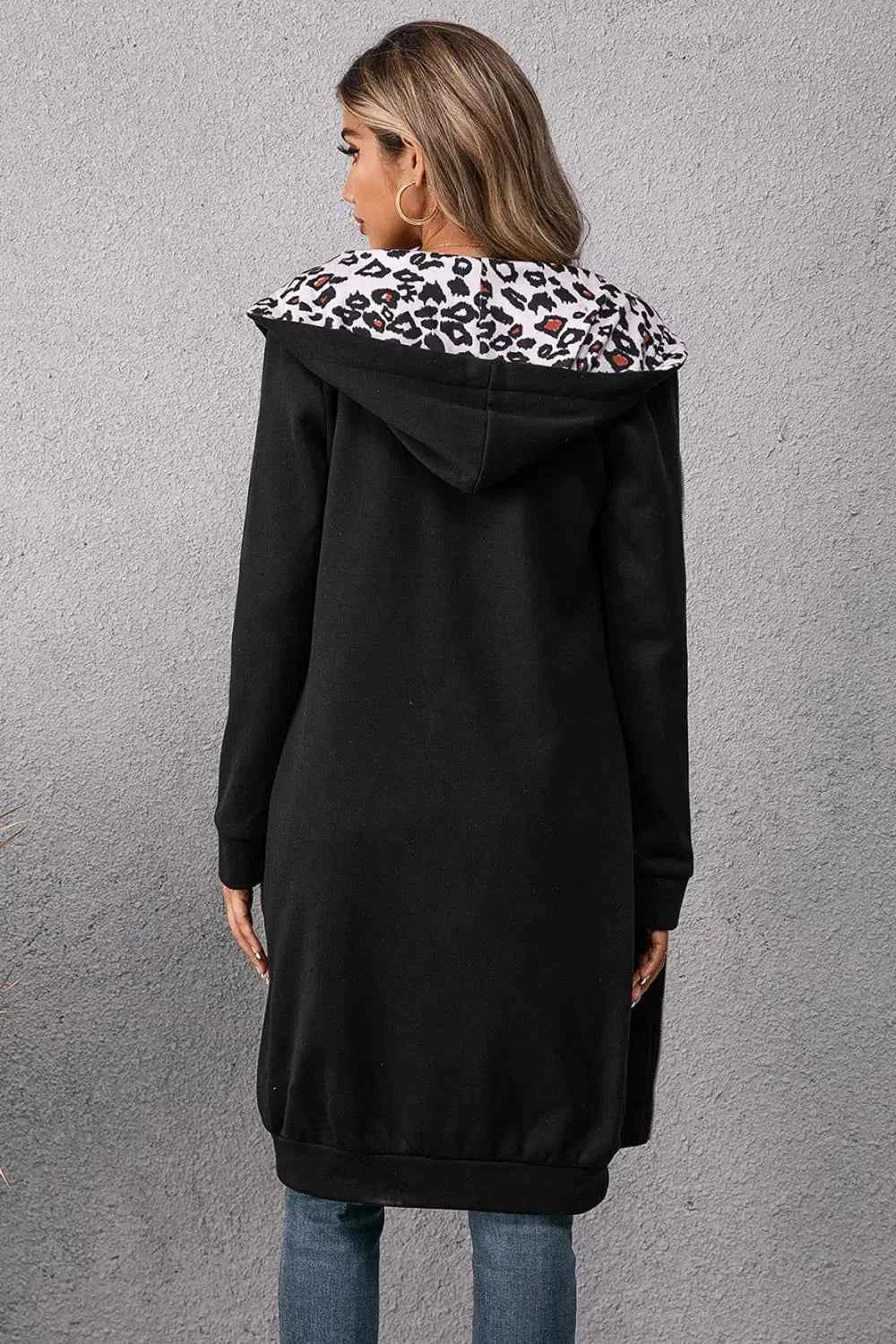 Ivy Lane Leopard Spliced Drawstring Zip Up Hoodie Dress