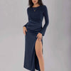 Split Round Neck Long Sleeve Midi Dress