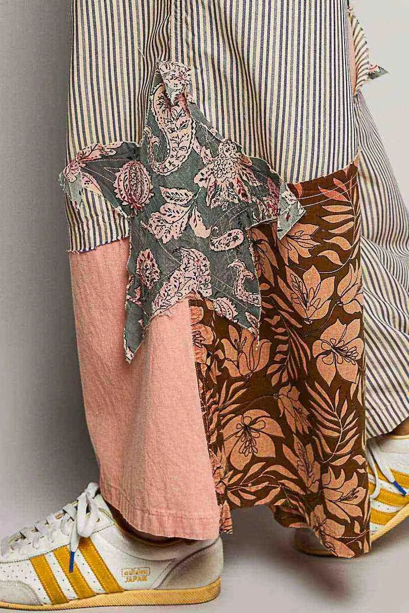 POL Striped Floral Patchwork Wide leg Pants with Side Big Star Patch