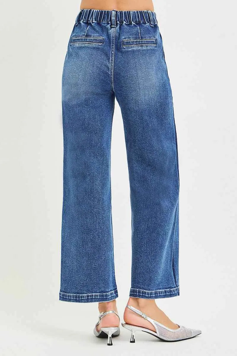 RISEN Elastic Band High Rise Cropped Wide Jeans