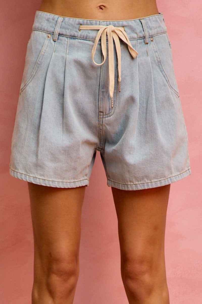 SO ME Mid Rise Denim Shorts With Cotton Tape Drawstring