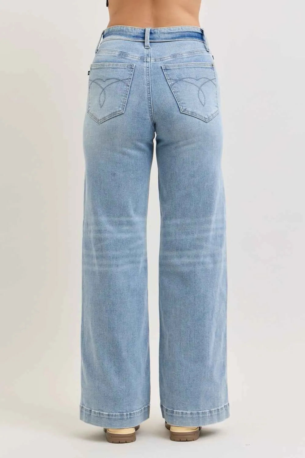 Judy Blue Mid Rise Retro Wide Leg Jeans with Fold-over Waistband