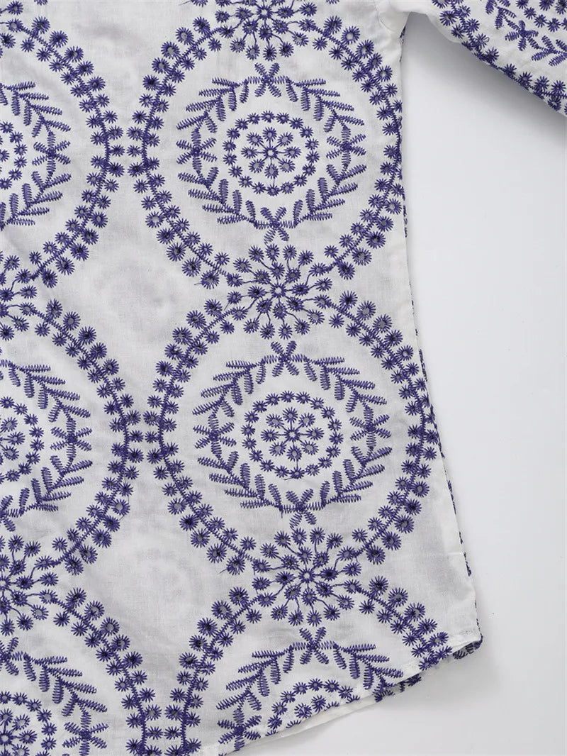 Ocean Embroidered Button-Up - Blue