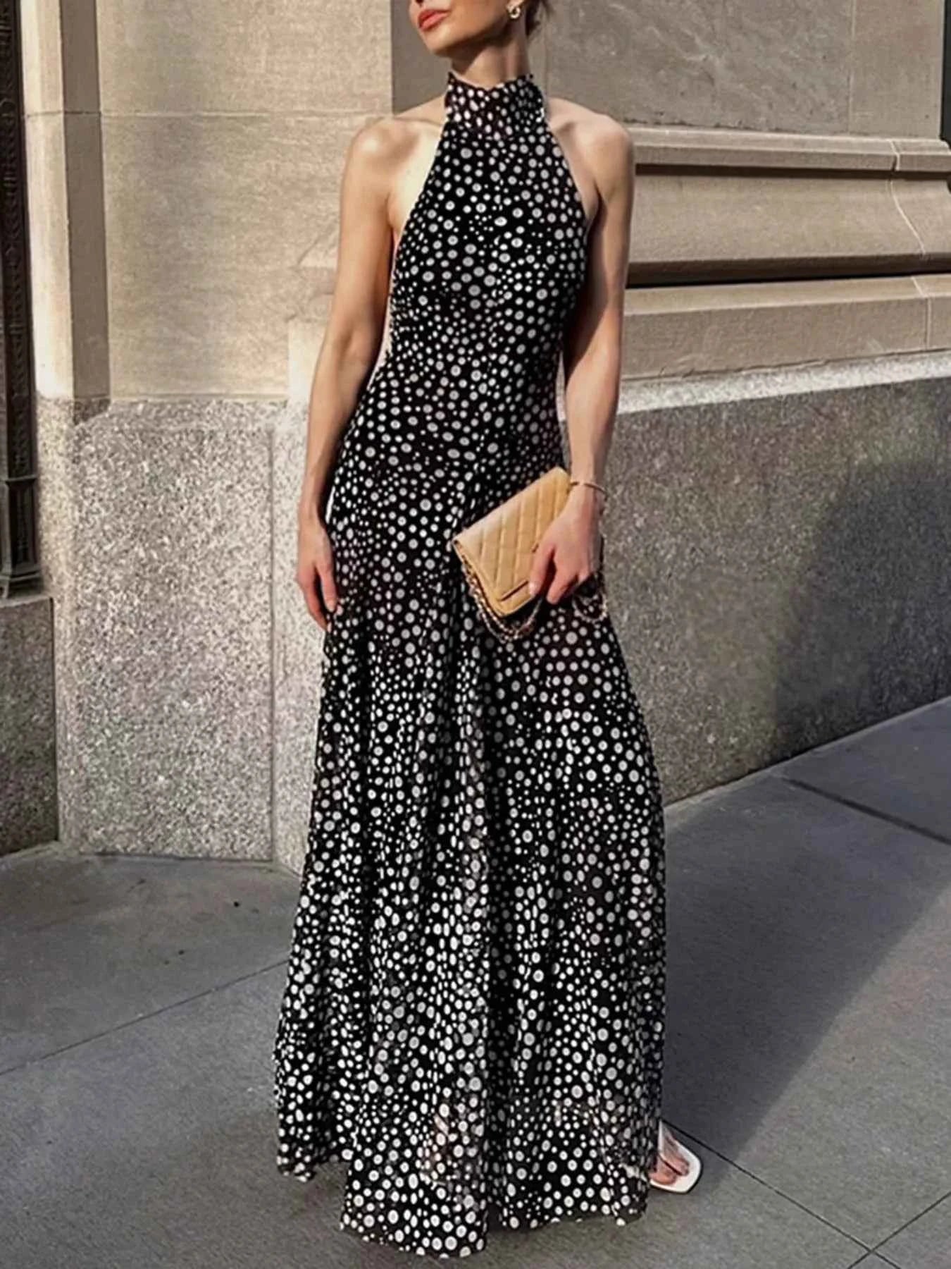 Halter Neck Polka Dot Maxi Dress