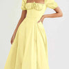 Puff Sleeve Tie Front Slit Midi Dress