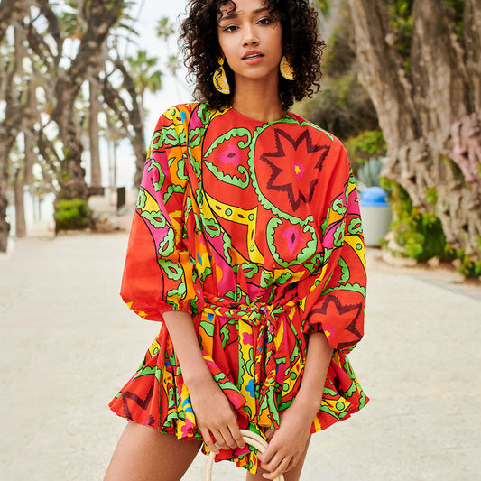 Enchanted Whimsy Lace-Up Lantern Sleeve Dress