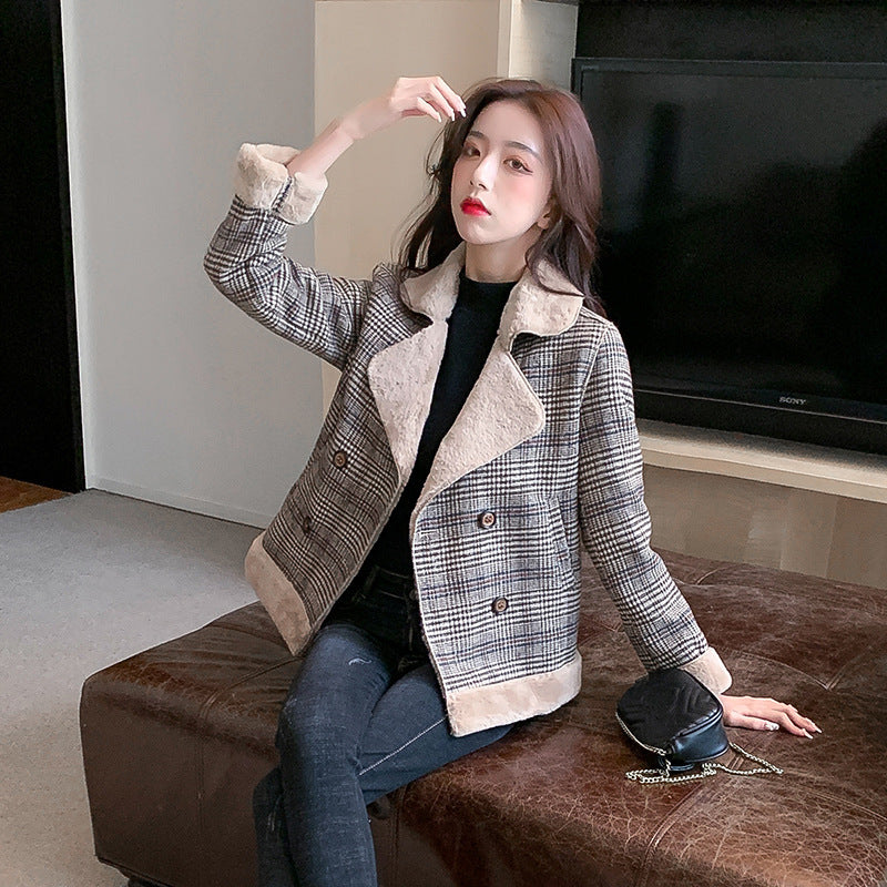 All-match Thick Plaid Woolen Fur Coat