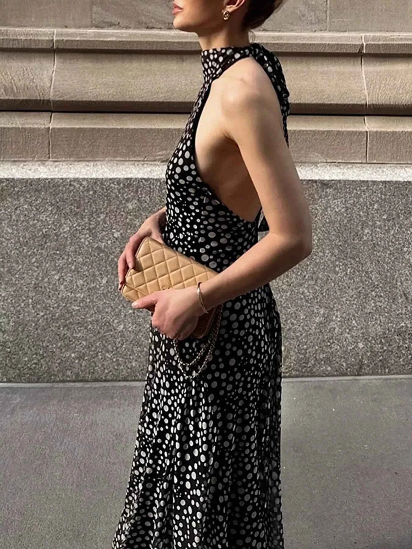 Halter Neck Polka Dot Maxi Dress