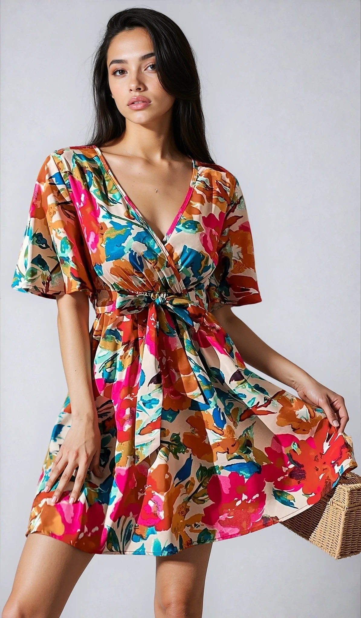 Vacation Primrose Painted-Florals Wrap Mini Dress