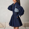 Wedelia Grace Lantern Sleeve Lace-Up Denim Shirt Dress