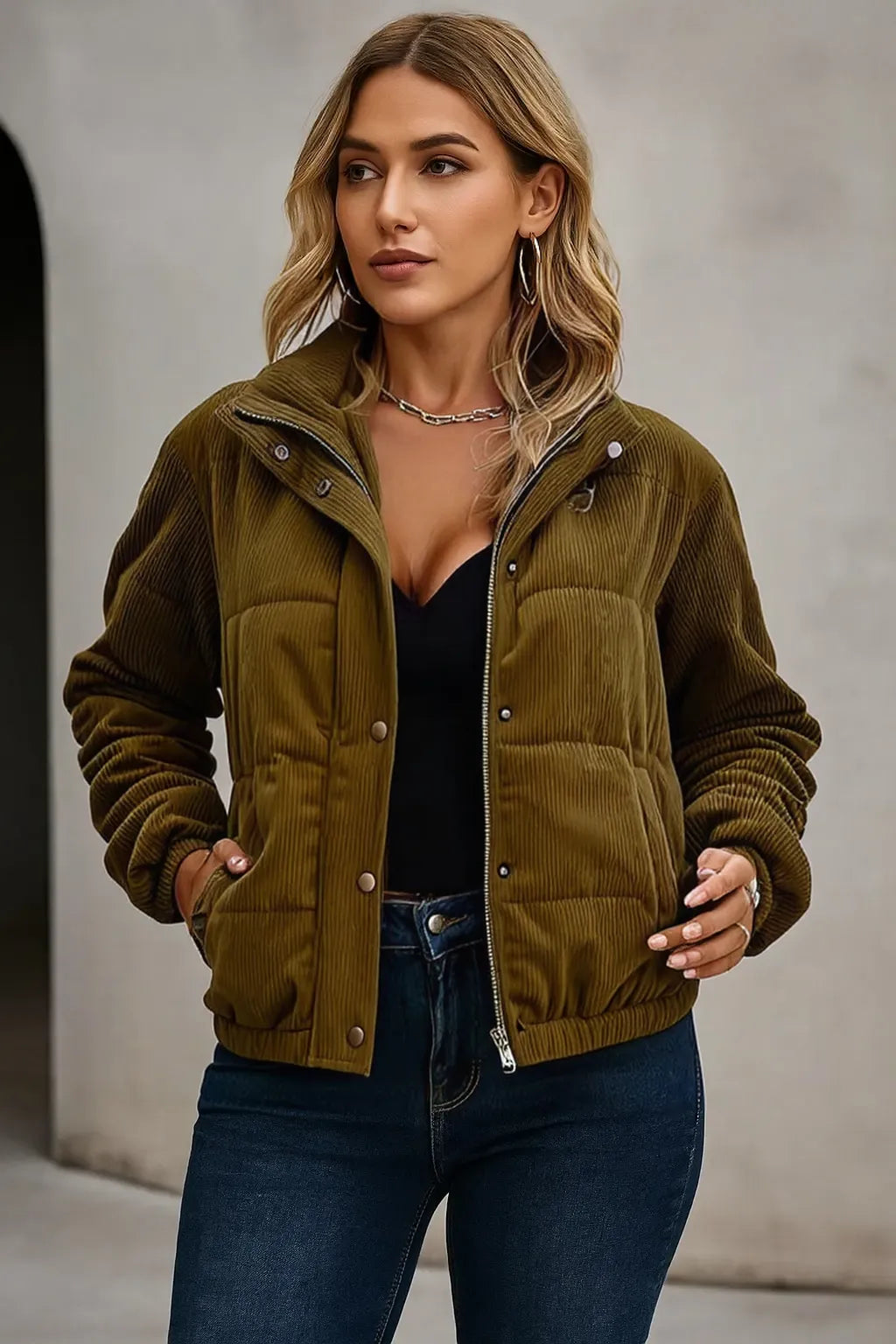 Veste courte en coton pour femme – Manteau à col roulé et manches longues