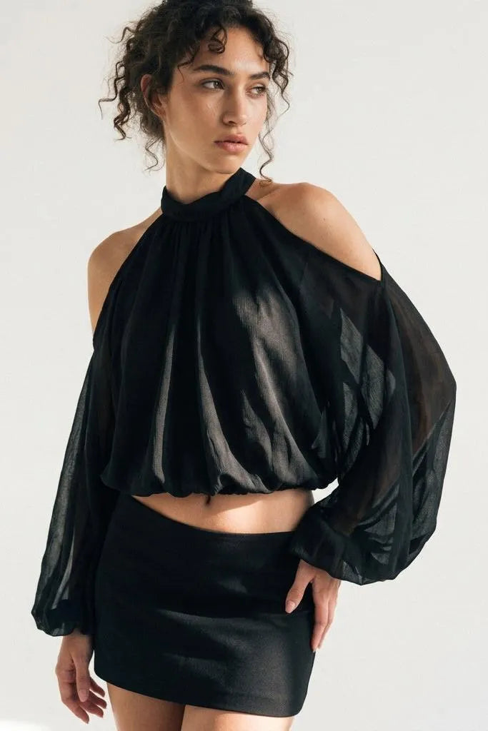 A Little Drama Sheer Cold-Shoulder Bow-Back Crop Top