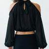 A Little Drama Sheer Cold-Shoulder Bow-Back Crop Top