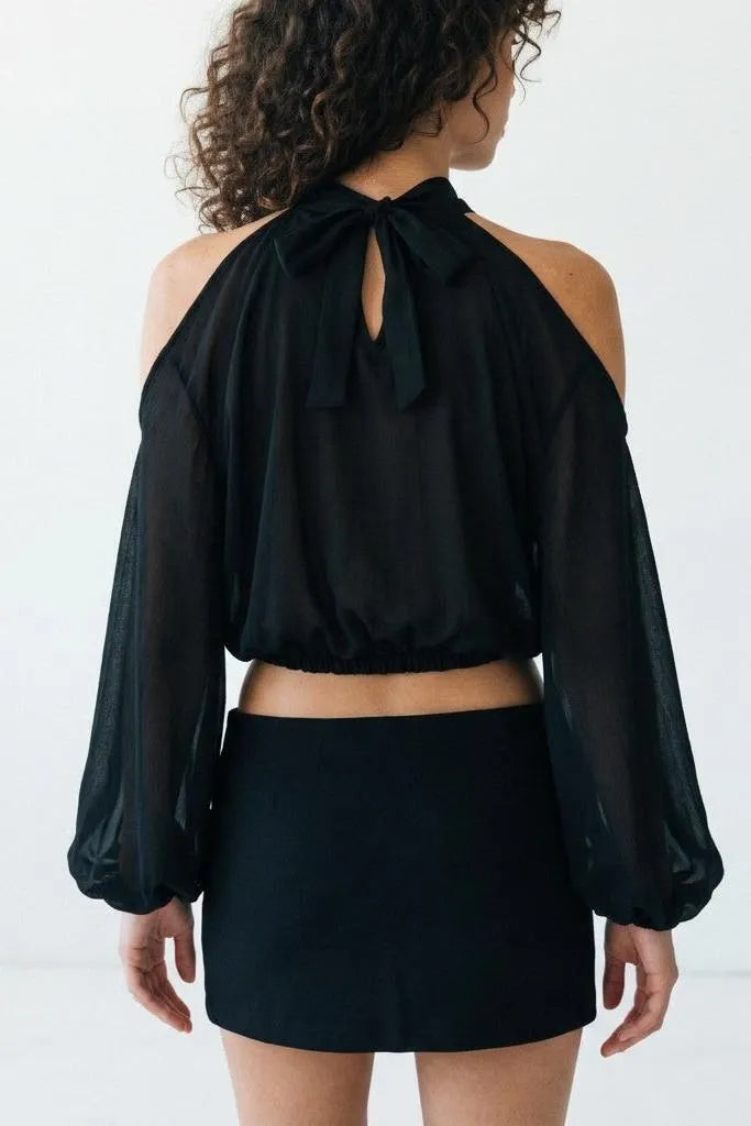 A Little Drama Sheer Cold-Shoulder Bow-Back Crop Top