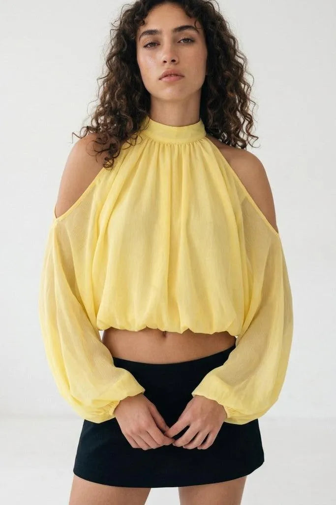A Little Drama Sheer Cold-Shoulder Bow-Back Crop Top