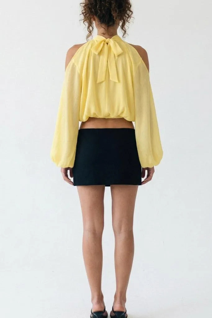 A Little Drama Sheer Cold-Shoulder Bow-Back Crop Top
