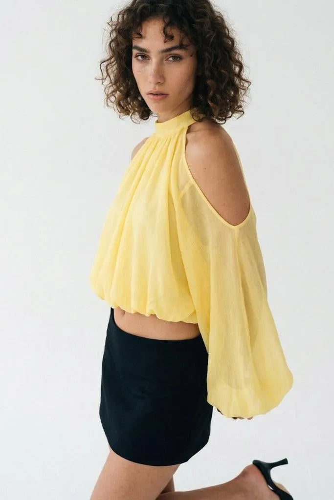 A Little Drama Sheer Cold-Shoulder Bow-Back Crop Top