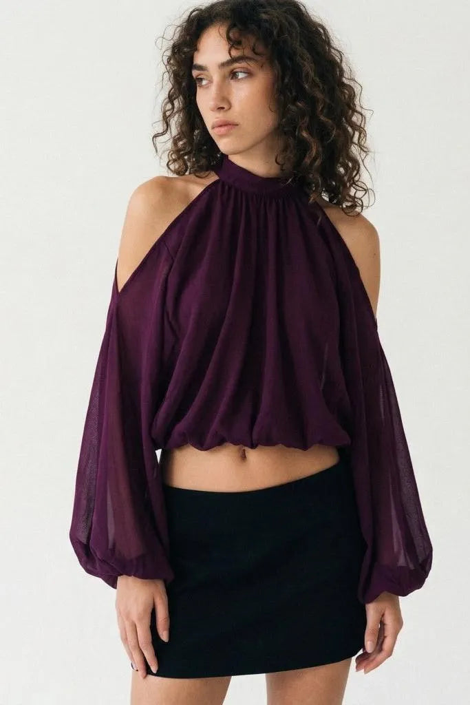 A Little Drama Sheer Cold-Shoulder Bow-Back Crop Top