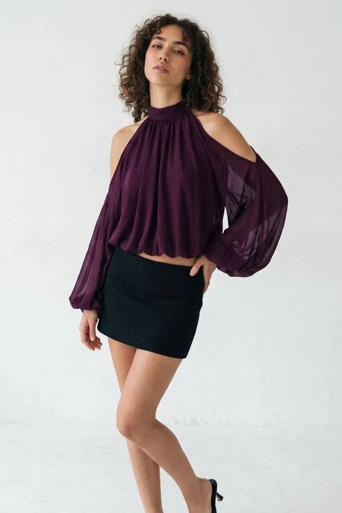 A Little Drama Sheer Cold-Shoulder Bow-Back Crop Top