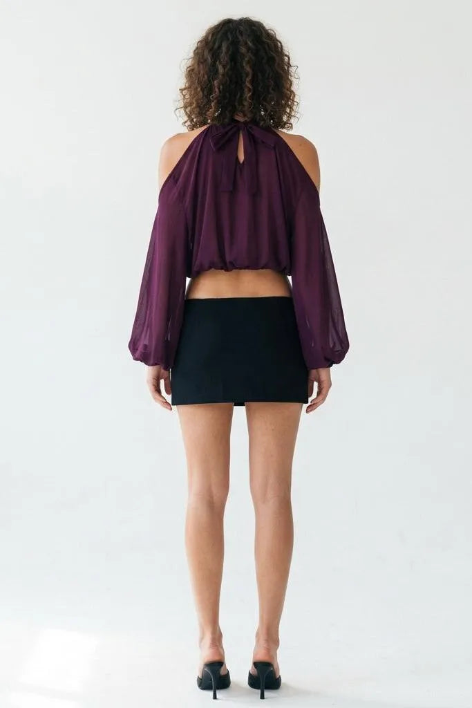 A Little Drama Sheer Cold-Shoulder Bow-Back Crop Top