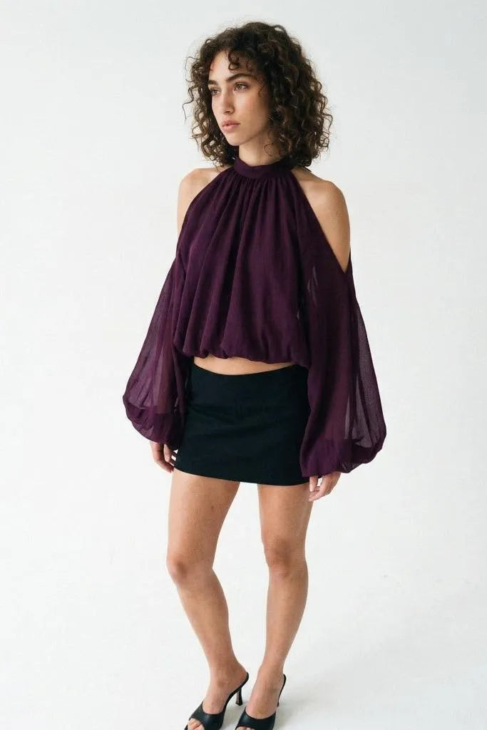 A Little Drama Sheer Cold-Shoulder Bow-Back Crop Top