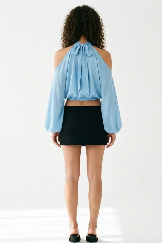 A Little Drama Sheer Cold-Shoulder Bow-Back Crop Top
