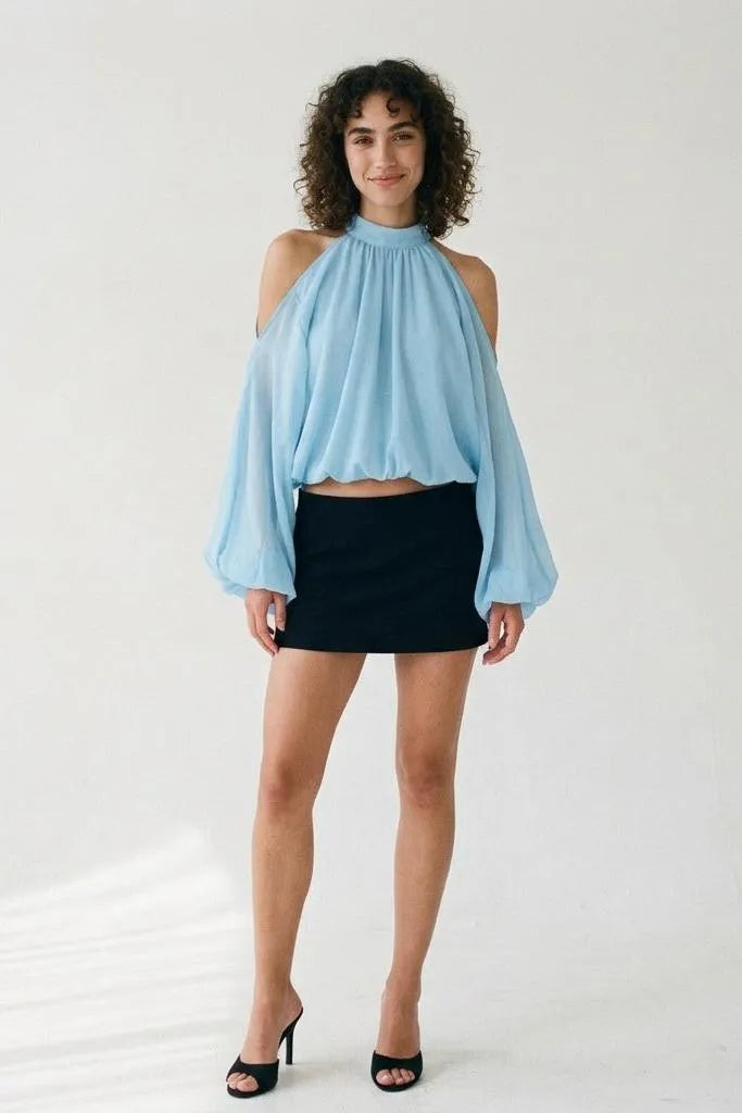 A Little Drama Sheer Cold-Shoulder Bow-Back Crop Top