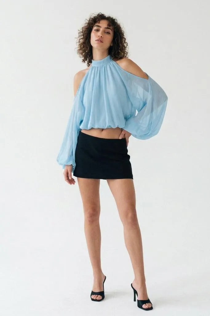 A Little Drama Sheer Cold-Shoulder Bow-Back Crop Top