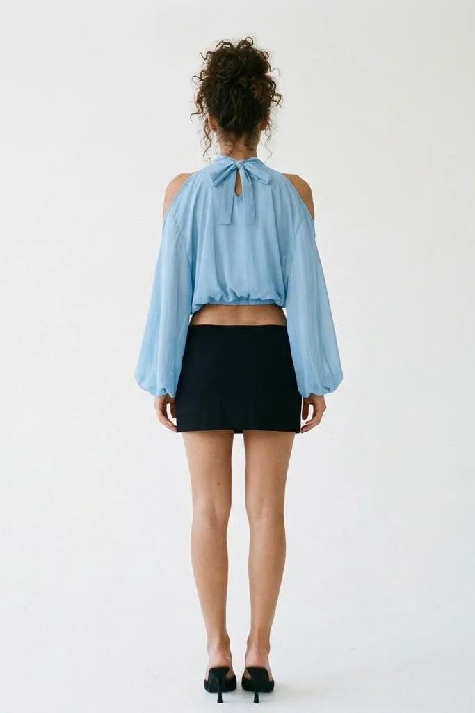 A Little Drama Sheer Cold-Shoulder Bow-Back Crop Top