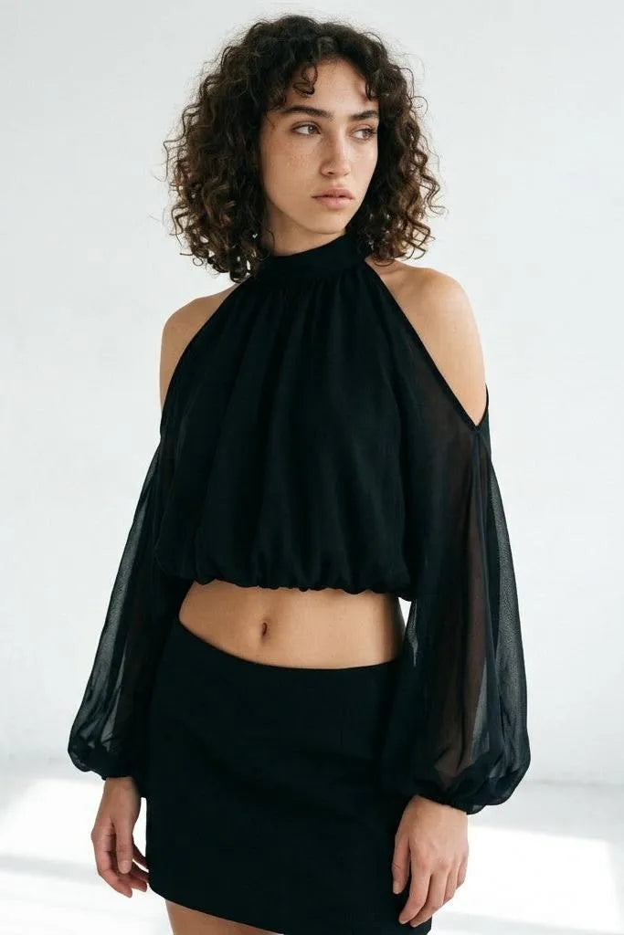 A Little Drama Sheer Cold-Shoulder Bow-Back Crop Top