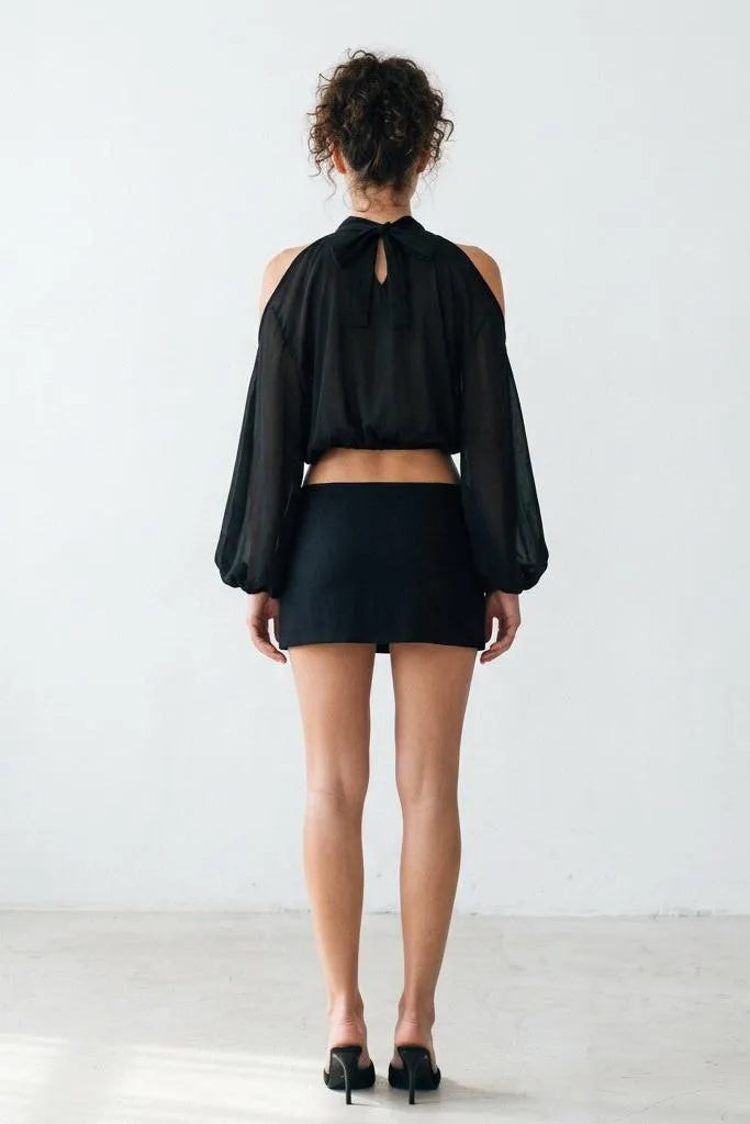 A Little Drama Sheer Cold-Shoulder Bow-Back Crop Top