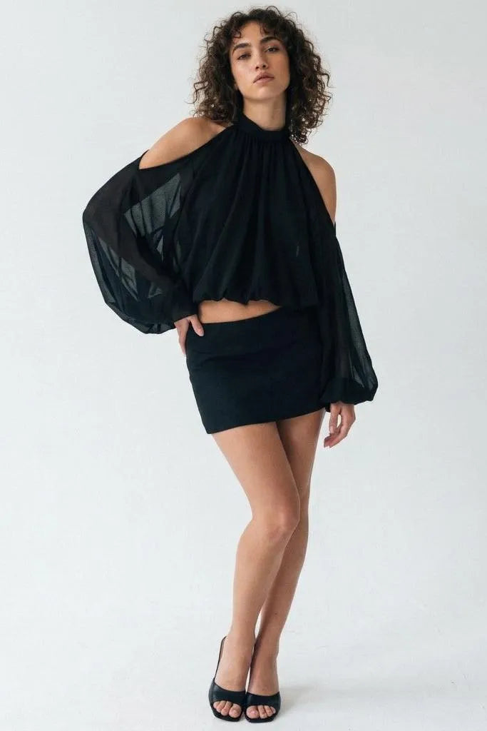 A Little Drama Sheer Cold-Shoulder Bow-Back Crop Top