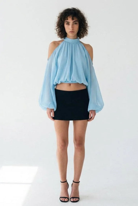 A Little Drama Sheer Cold-Shoulder Bow-Back Crop Top