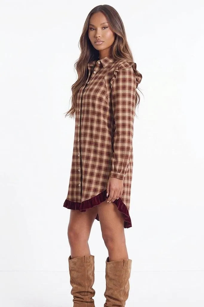 Apple Cider Mood Plaid Ruffle Shirt Mini Dress