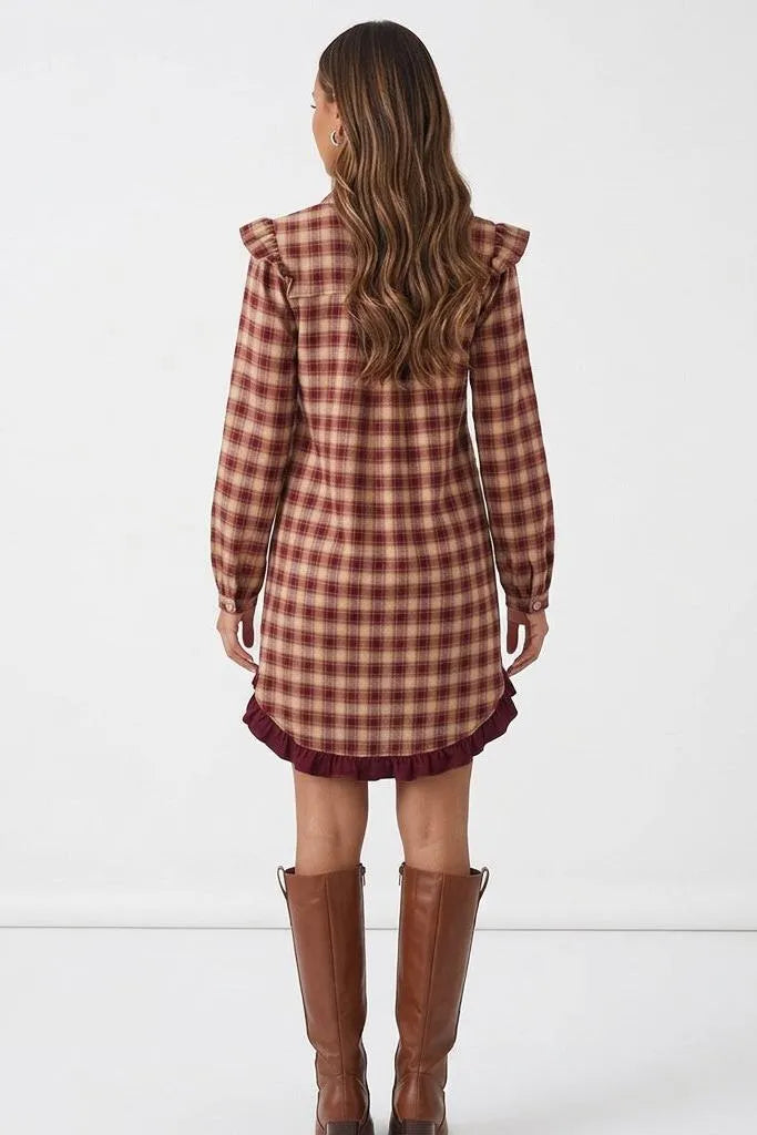 Apple Cider Mood Plaid Ruffle Shirt Mini Dress