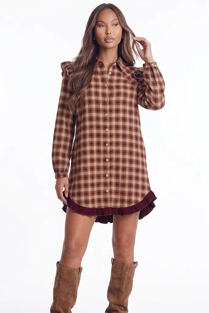 Apple Cider Mood Plaid Ruffle Shirt Mini Dress