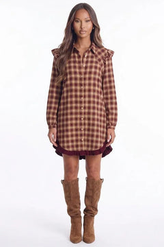Apple Cider Mood Plaid Ruffle Shirt Mini Dress