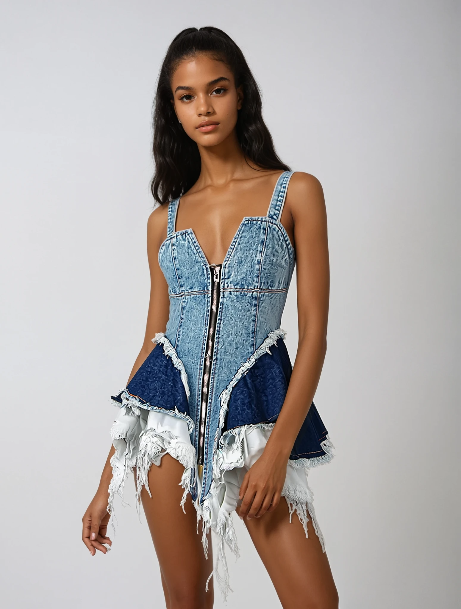 Robe à bretelles vintage en jean à bords bruts